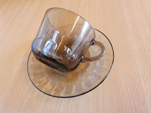 Vintage Contuff Toughened Glassware Smoky Grey Glass Teacup & Saucer (17 available at R25 each)