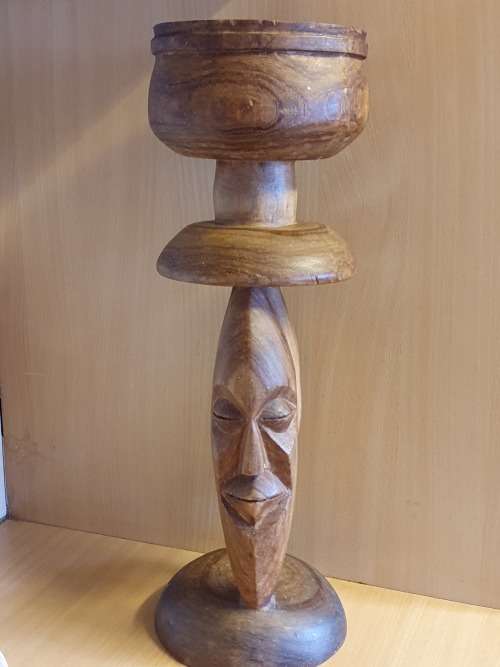 Carved Wooden Face Figurine Stand with Bowl