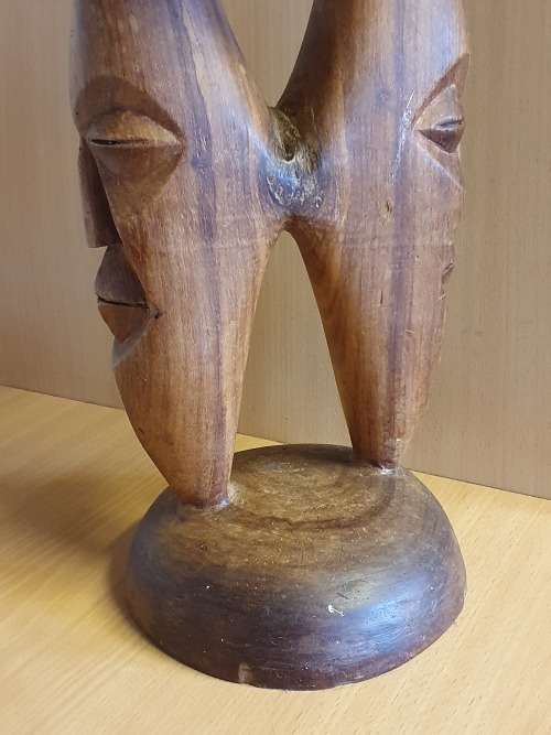 Carved Wooden Face Figurine Stand with Bowl
