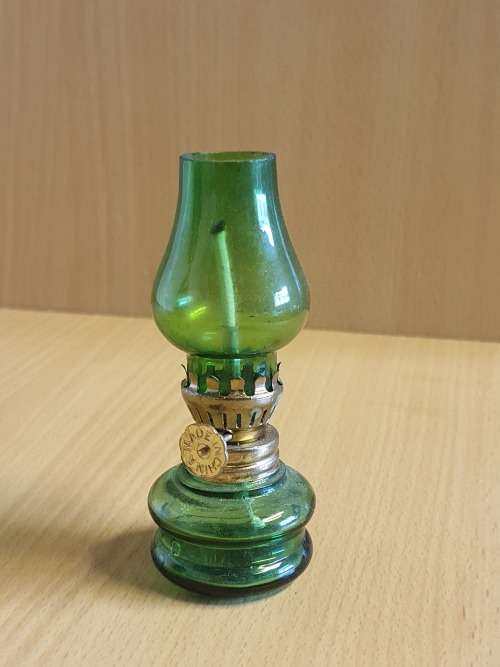 Miniature Green Glass Kerosene Lamp - height 10cm width 4cm