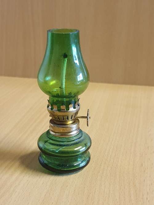 Miniature Green Glass Kerosene Lamp - height 10cm width 4cm