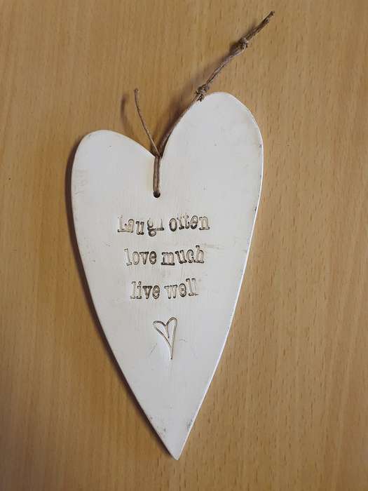 Stoneware Heart Shaped Wall Hanging - Laugh Often, Love Much, Live Well-16cm x 9cm