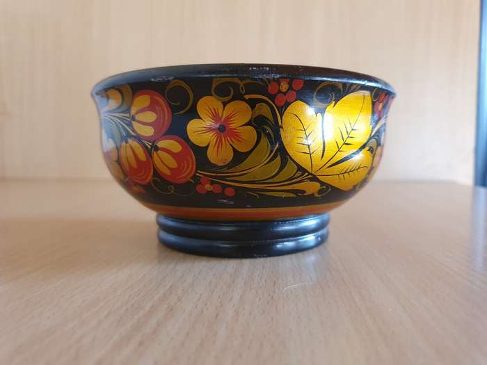 Round Floral Pattern Wooden Bowl - width 13cm height 7cm