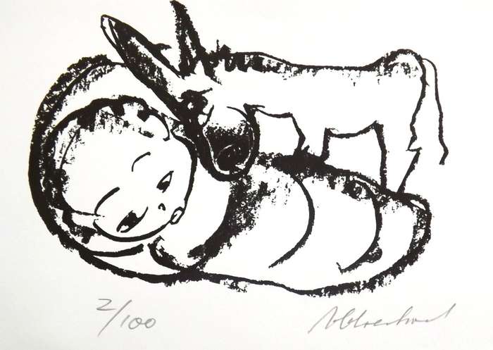 Closed FRANS CLAERHOUT. CHILD AND DONKIE. 105mm x 150mm. Hand print silkscreen. Limited edition, sig