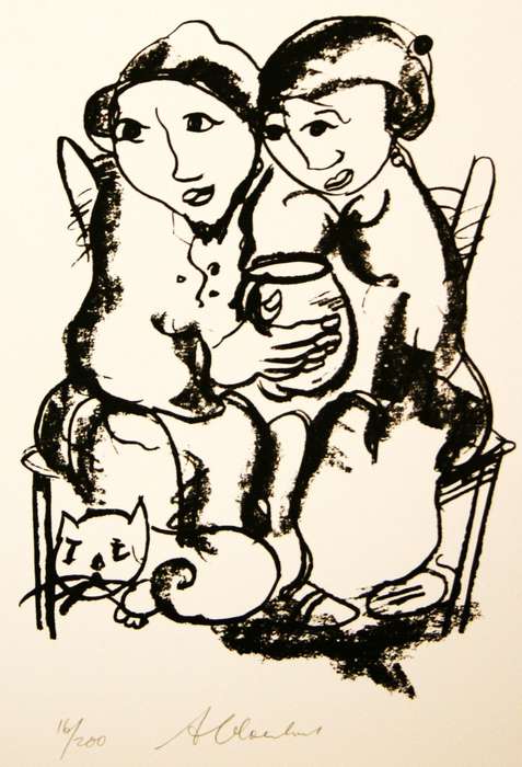 FRANS CLAERHOUT. SITTING ON THE STOEP WITH A POT, A4. Hand printed silkscreen. Limited ed. Signed.