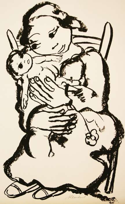 FRANS CLAERHOUT. MOTHER AND CHILD ON A CHAIR. A3. Hand printed silkscreen. Limited Edition. Signed.