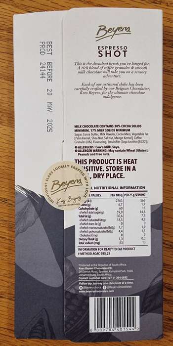 Beyers Espresso Shot Chocolate Slab 100g (2 packs)