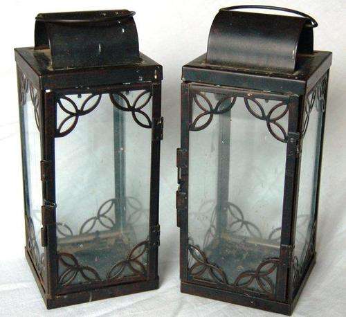 Pair of Glass and Metal Tea Light Lanterns - Height 240mm