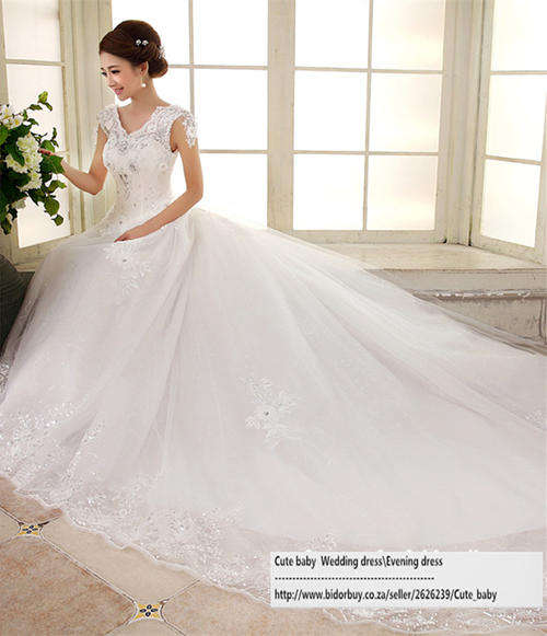 Two shoulder long trailing wedding dress (free shipping)