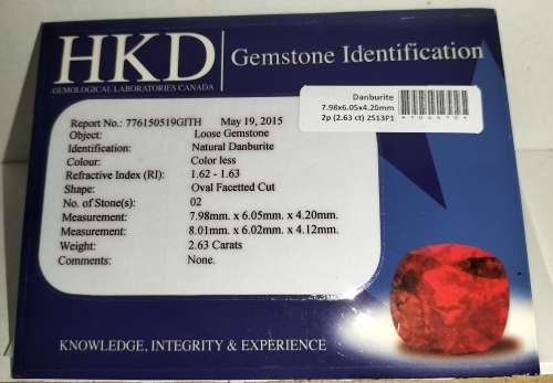 2.63ct PAIR `HKD` CERTIFIED 100% NATURAL DANBURIT