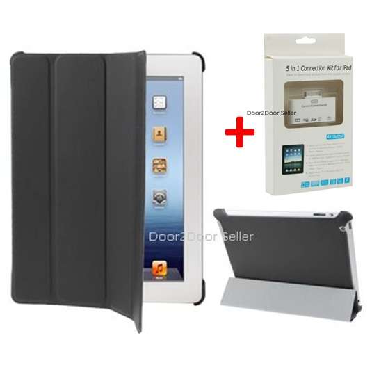 iPad AV Connection Card Reader + Black Smart folio Sleep Case for New iPad 4, iPad 3 & iPad 2 Cover