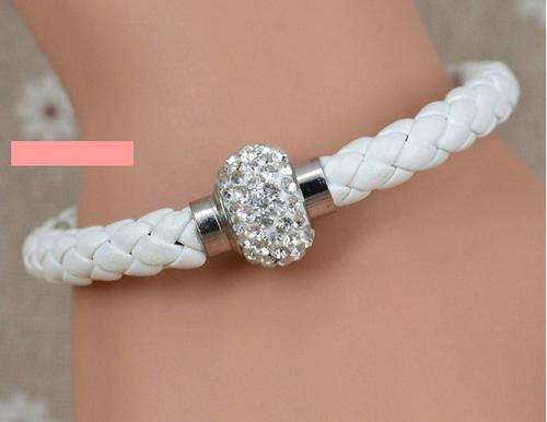 white Leather Wrap Wristband Cuff Punk Magnetic Rhinestone Buckle Bracelet Bangle