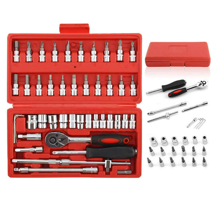 46pcs 1/4 Inch Socket Set Auto Repair Tools Ratchet Set Torque Wrench Combination Drill Bits