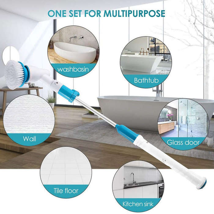 Cordless Electric Spin Scrubber with Adjustable Extended Handle 3 Replaceable Cleaning Brushes