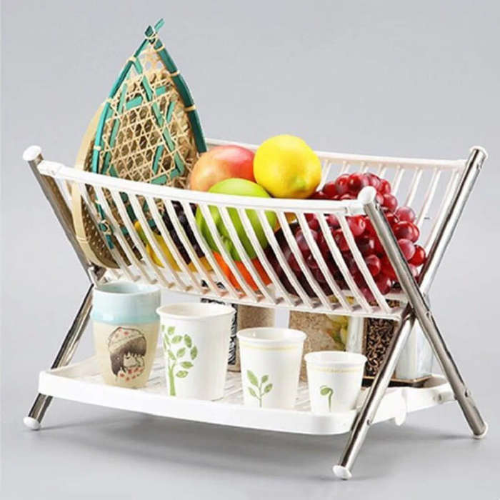 Space Saving Foldable 2-Tier Dish Rack Multifunctional Kitchen Storage Tool