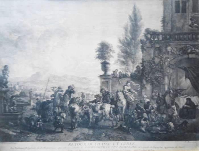 ANTIQUE ETCHING:  J. Moyreau after P. Wouwermans: Circa 1740: Retour de Chasse et Curee: