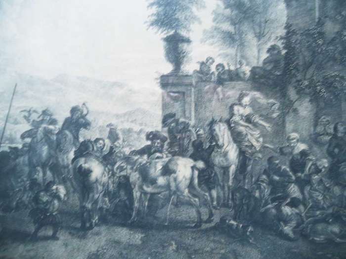 ANTIQUE ETCHING:  J. Moyreau after P. Wouwermans: Circa 1740: Retour de Chasse et Curee: