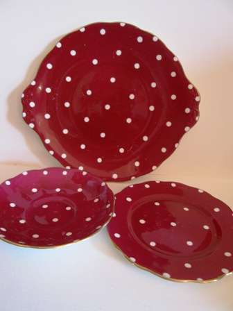 Royal Albert Maroon with White Dots Platter, Saucer and Side Plate