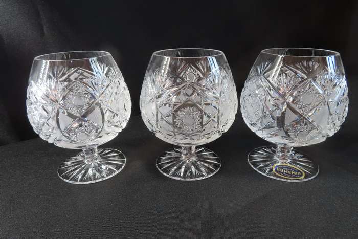 Bohemia Crystal Hand Cut Brandy Glasses x 6 Made in Czechoslovakia.