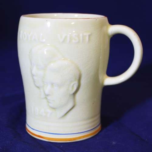 Crown Devon - embossed 1947 Royal visit to RSA mug