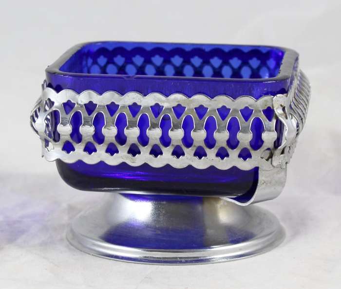 Sweet bowl with blue glass insert - silver plated tin