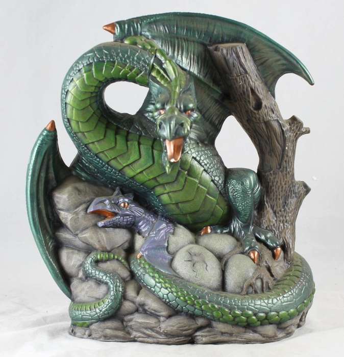 Large green dragon hatching eggs