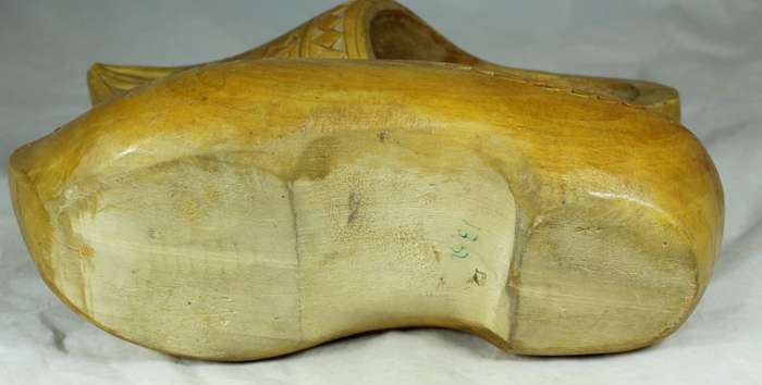 Pair of full size wooden Dutch shoes with carving