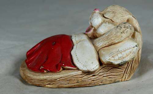 hand painted stone craft rabbit sleeping with a red blanket - Twinkie
