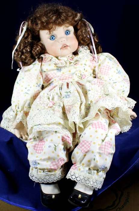 Porcelain doll - Freckles with heart dress