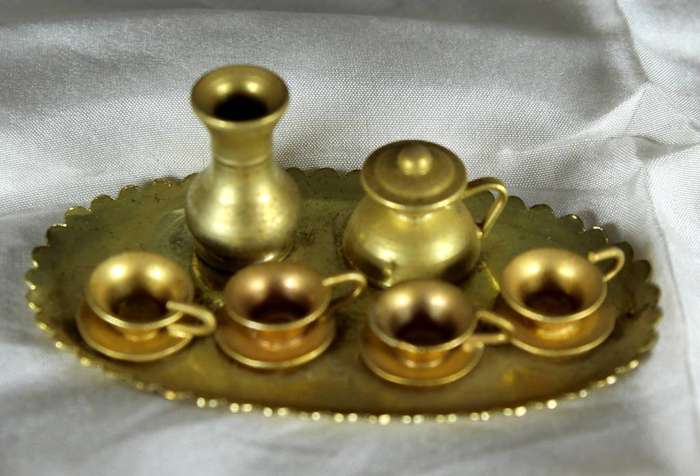 Miniature brass tray with cups & water jug