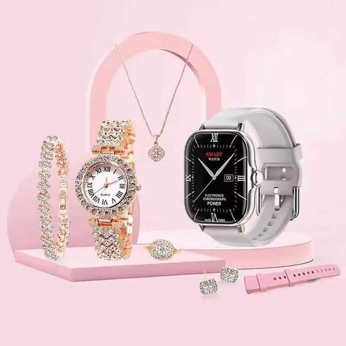 Women`s Luxury Gold Watch Unique Gift Set, Gold Necklace, Ring, Double Band, Smart Watch