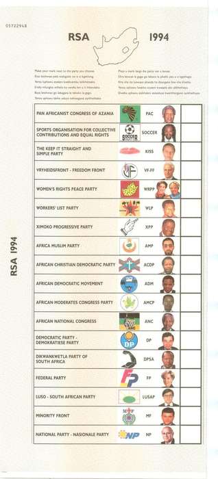 1994  R.S.A. official National ballot paper, IFP sticker supplied loose