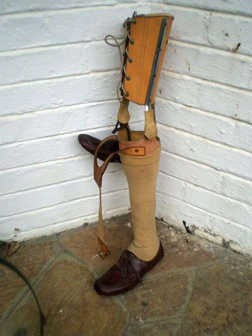 Antique Prosthetic Full Leg With Leather Shoes And Stocking Bendable At The Knee