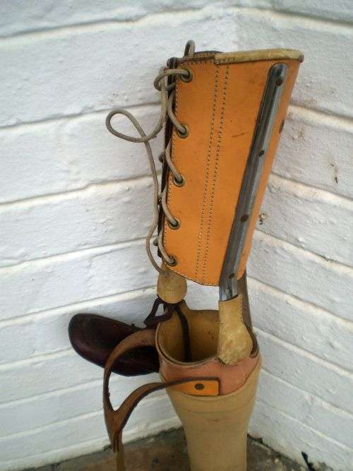 Antique Prosthetic Full Leg With Leather Shoes And Stocking Bendable At The Knee