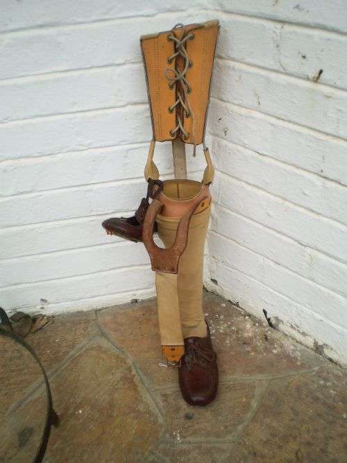 Antique Prosthetic Full Leg With Leather Shoes And Stocking Bendable At The Knee