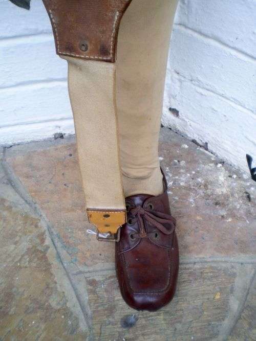 Antique Prosthetic Full Leg With Leather Shoes And Stocking Bendable At The Knee