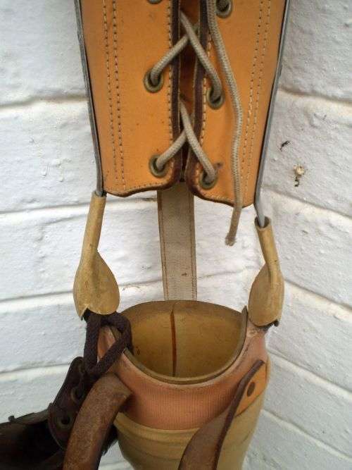 Antique Prosthetic Full Leg With Leather Shoes And Stocking Bendable At The Knee