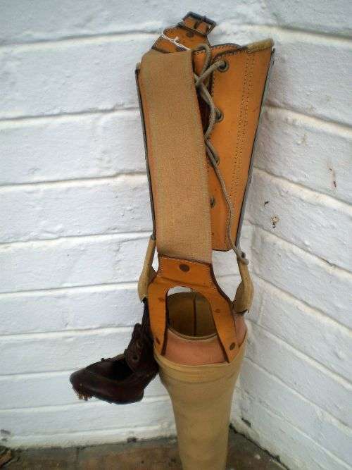 Antique Prosthetic Full Leg With Leather Shoes And Stocking Bendable At The Knee