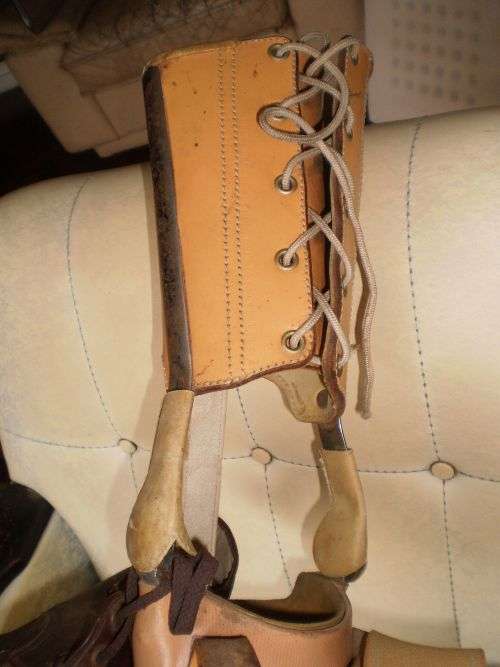 Antique Prosthetic Full Leg With Leather Shoes And Stocking Bendable At The Knee