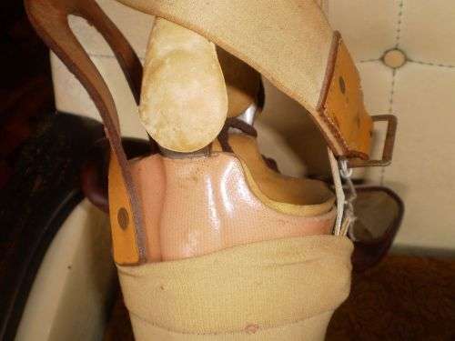 Antique Prosthetic Full Leg With Leather Shoes And Stocking Bendable At The Knee