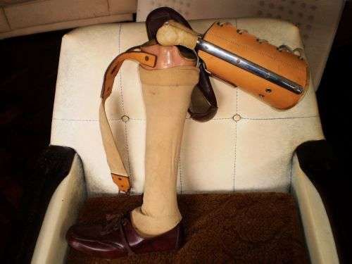 Antique Prosthetic Full Leg With Leather Shoes And Stocking Bendable At The Knee