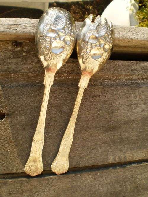 Ornamental Silver Plated Embossed Salad Serving Spoons