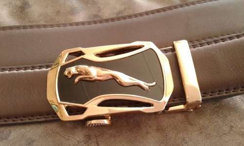Adjustable Automatic Brown Leather Belt With Black And Gold Jaguar Buckle length 1.35m