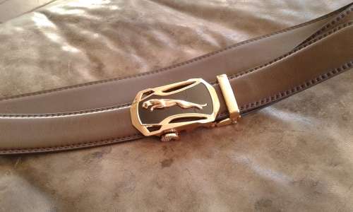 Adjustable Automatic Brown Leather Belt With Black And Gold Jaguar Buckle length 1.35m