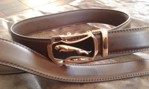 Adjustable Automatic Brown Leather Belt With Black And Gold Jaguar Buckle length 1.35m