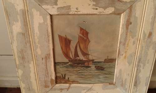 Antique Ship Sailboat Nautical Framed Oil On Canvas Painting In Distressed White Wooden Frame