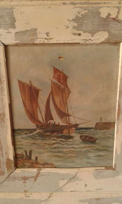 Antique Ship Sailboat Nautical Framed Oil On Canvas Painting In Distressed White Wooden Frame