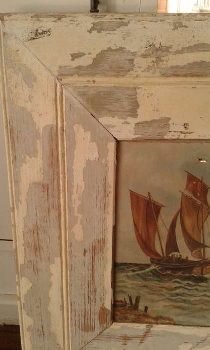 Antique Ship Sailboat Nautical Framed Oil On Canvas Painting In Distressed White Wooden Frame