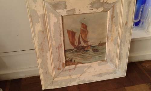 Antique Ship Sailboat Nautical Framed Oil On Canvas Painting In Distressed White Wooden Frame