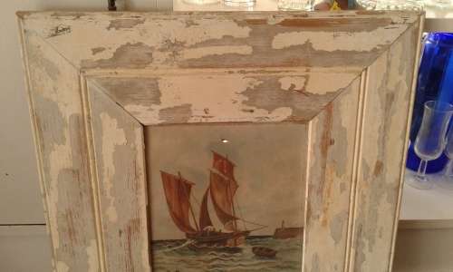 Antique Ship Sailboat Nautical Framed Oil On Canvas Painting In Distressed White Wooden Frame